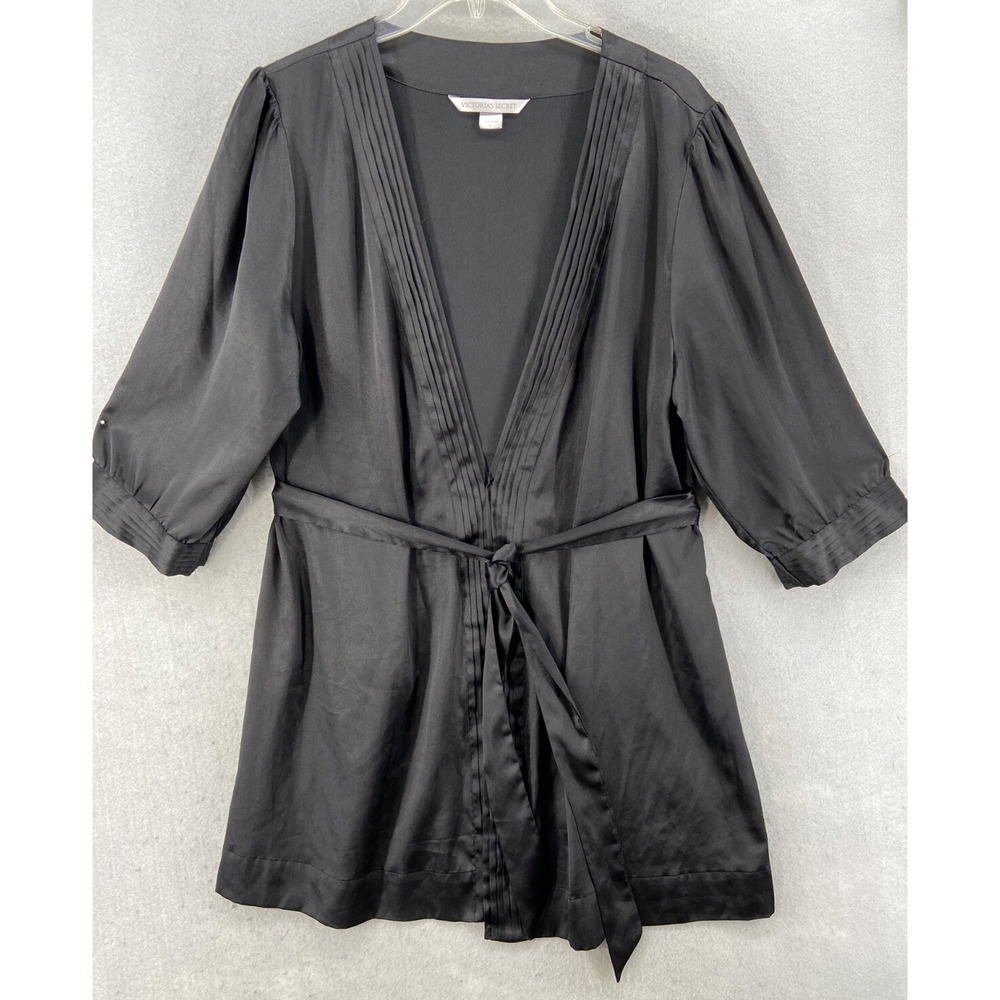 Victoria's Secret Robe Womens Large Black Satin Short Tie Belt 3/4 Sleeve